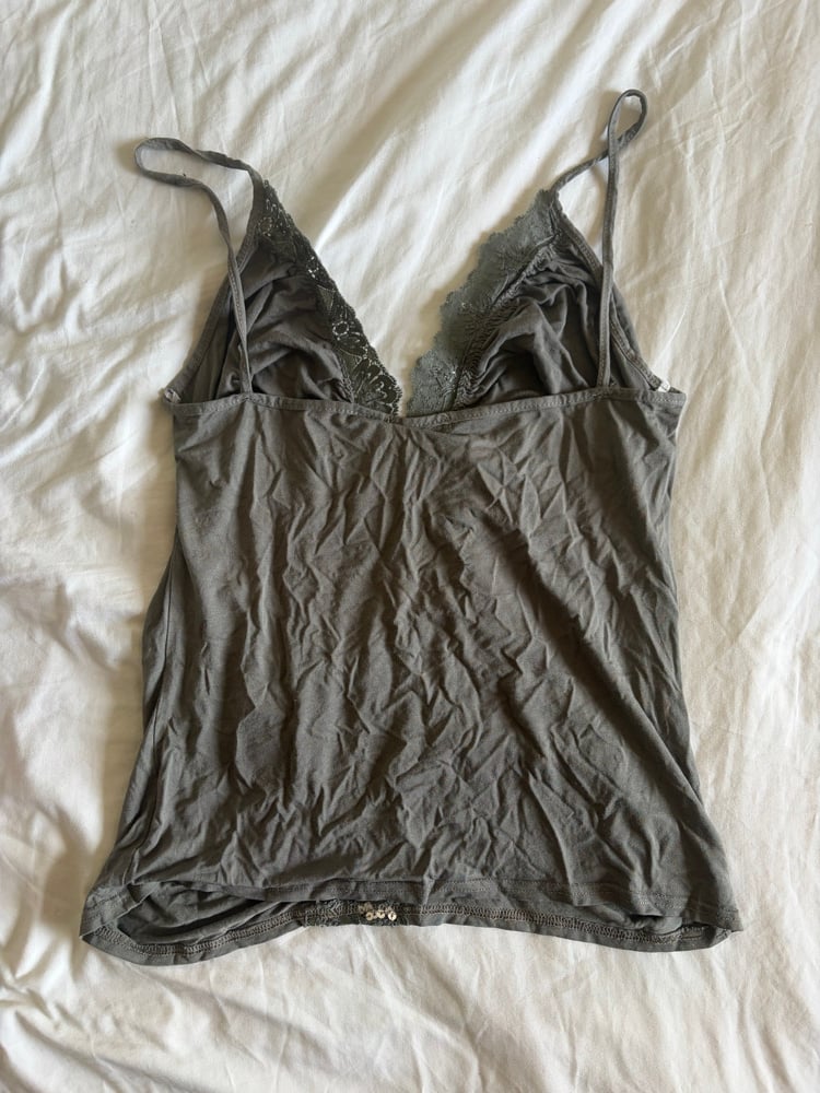 Vintage Y2K khaki cami with ruching and sequins