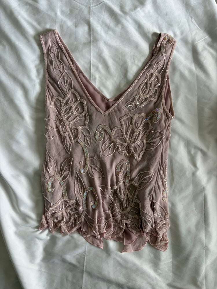Vintage Y2K light rose pink silk beaded cami with asymmetrical hem