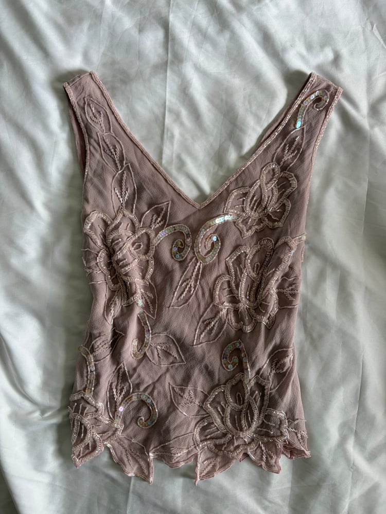 Vintage Y2K light rose pink silk beaded cami with asymmetrical hem