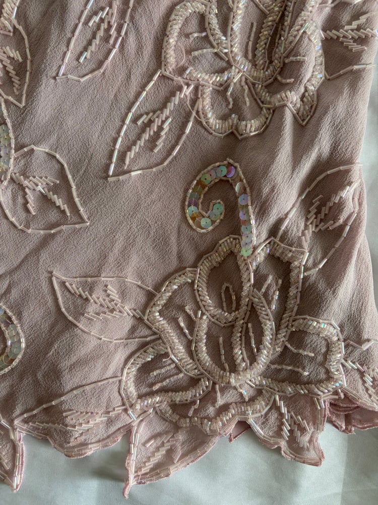 Vintage Y2K light rose pink silk beaded cami with asymmetrical hem