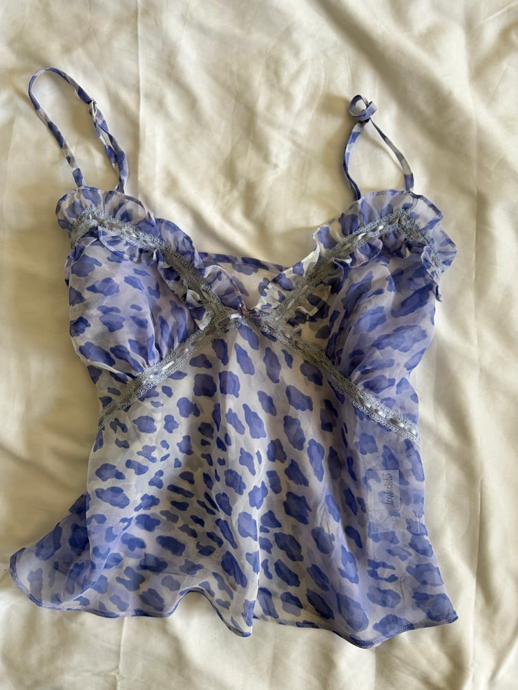 Vintage Y2K lilac leopard print semi sheer cropped cami with ribbon details