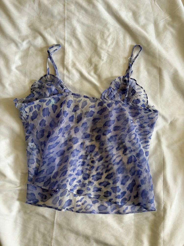 Vintage Y2K lilac leopard print semi sheer cropped cami with ribbon details