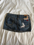 Vintage Y2K low rise denim mini skirt with butterfly appliqué