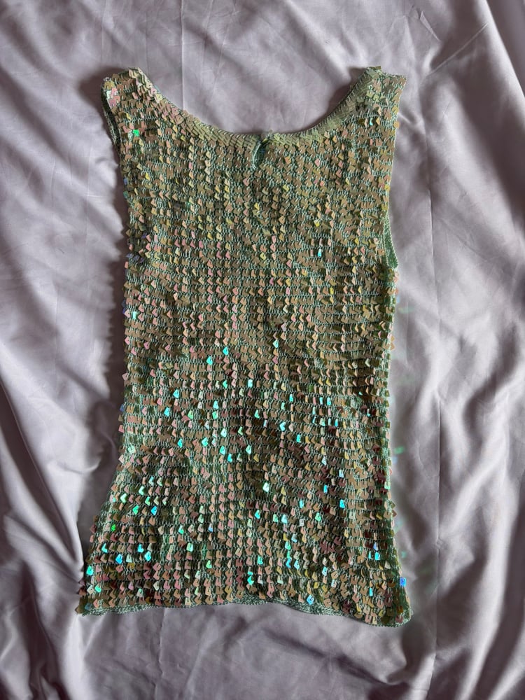 Vintage Y2K mint boat neck crochet sequin top