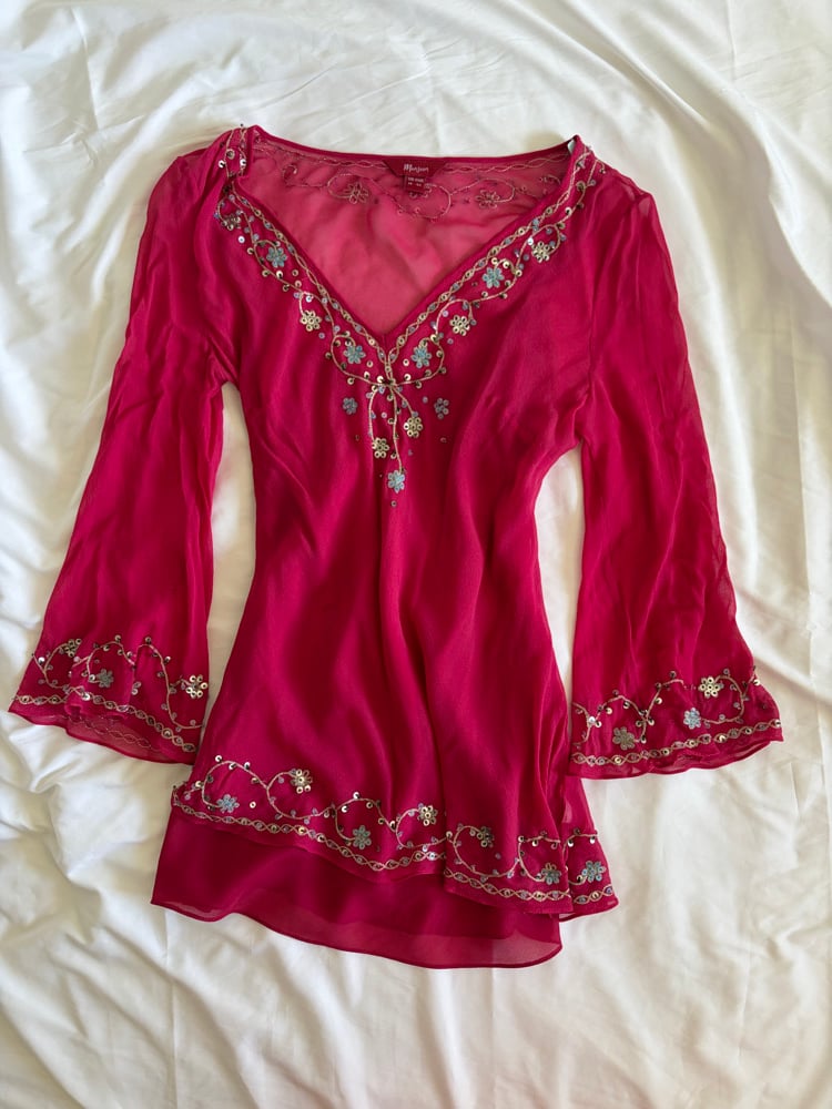 Vintage Y2K Monsoon pink embroidered bell sleeve fairy top