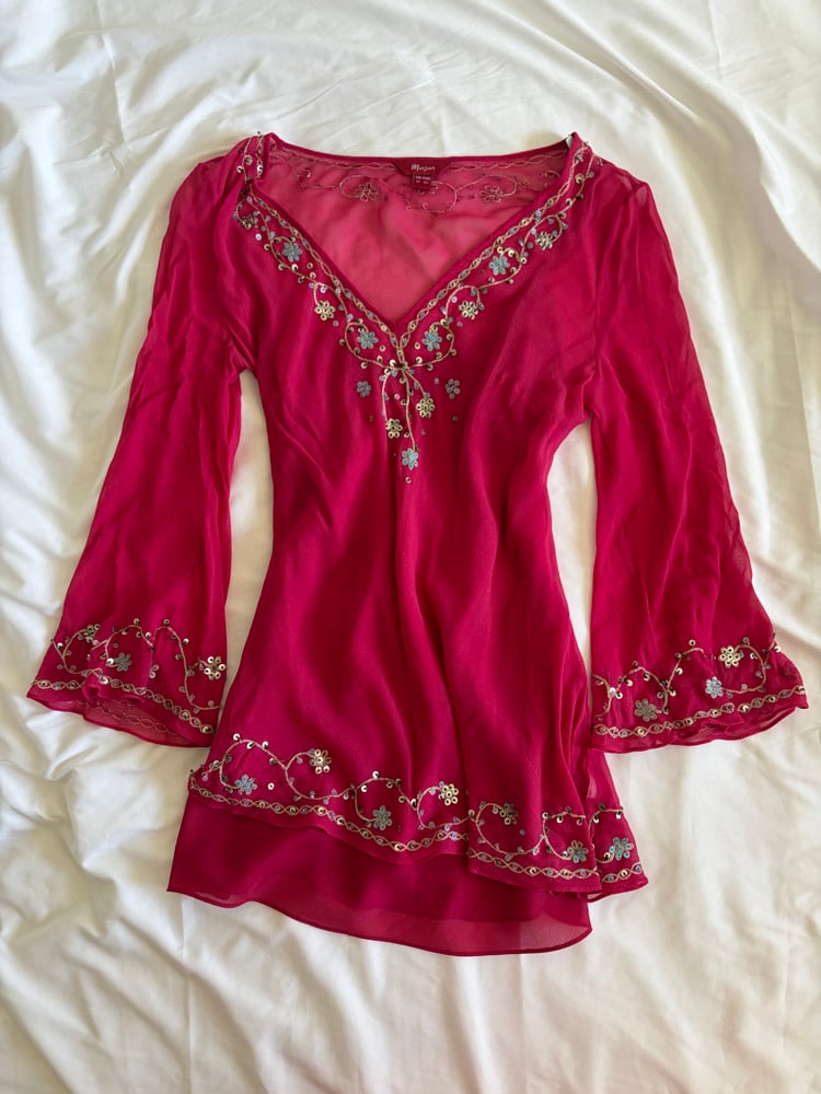 Vintage Y2K Monsoon pink embroidered bell sleeve fairy top