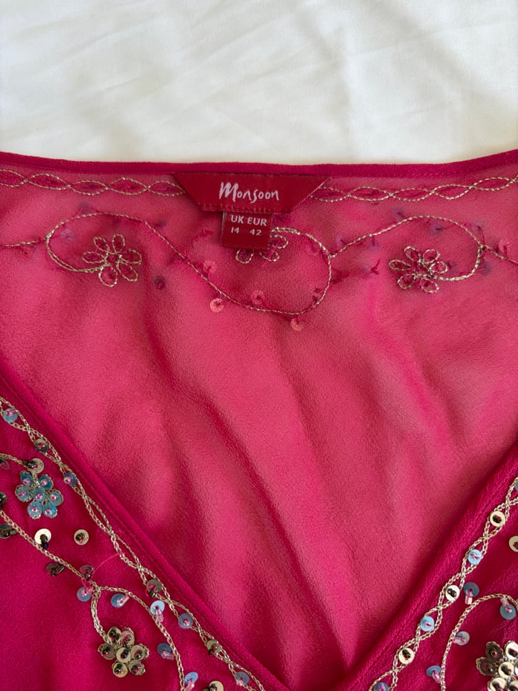 Vintage Y2K Monsoon pink embroidered bell sleeve fairy top