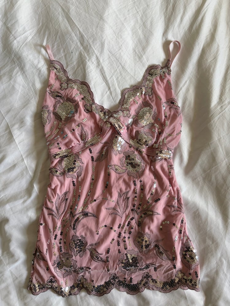 Vintage Y2K pink and silver sequin cami with floral design