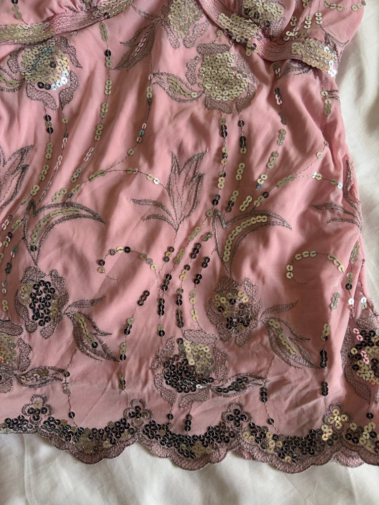 Vintage Y2K pink and silver sequin cami with floral design