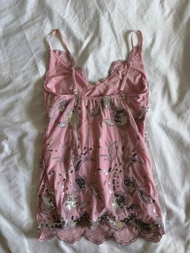 Vintage Y2K pink and silver sequin cami with floral design