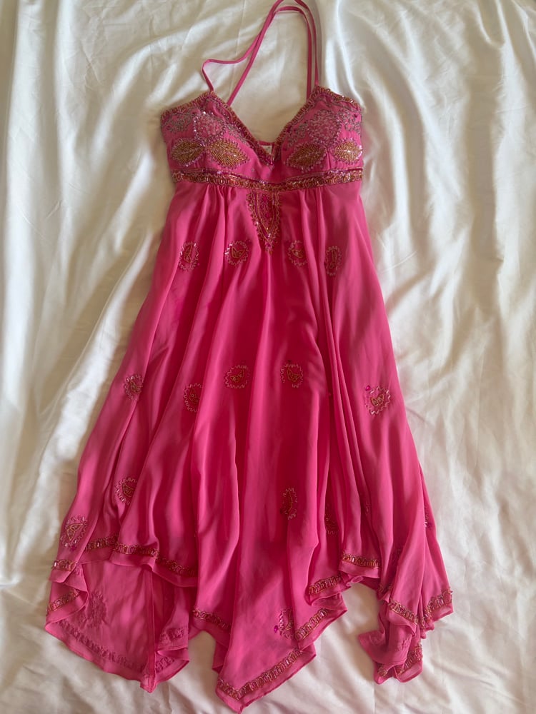 Vintage Y2K pink beaded and sequin handkerchief hem fairy dress