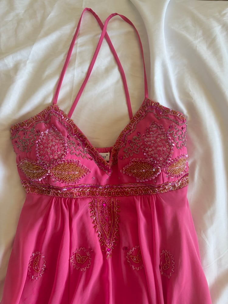 Vintage Y2K pink beaded and sequin handkerchief hem fairy dress
