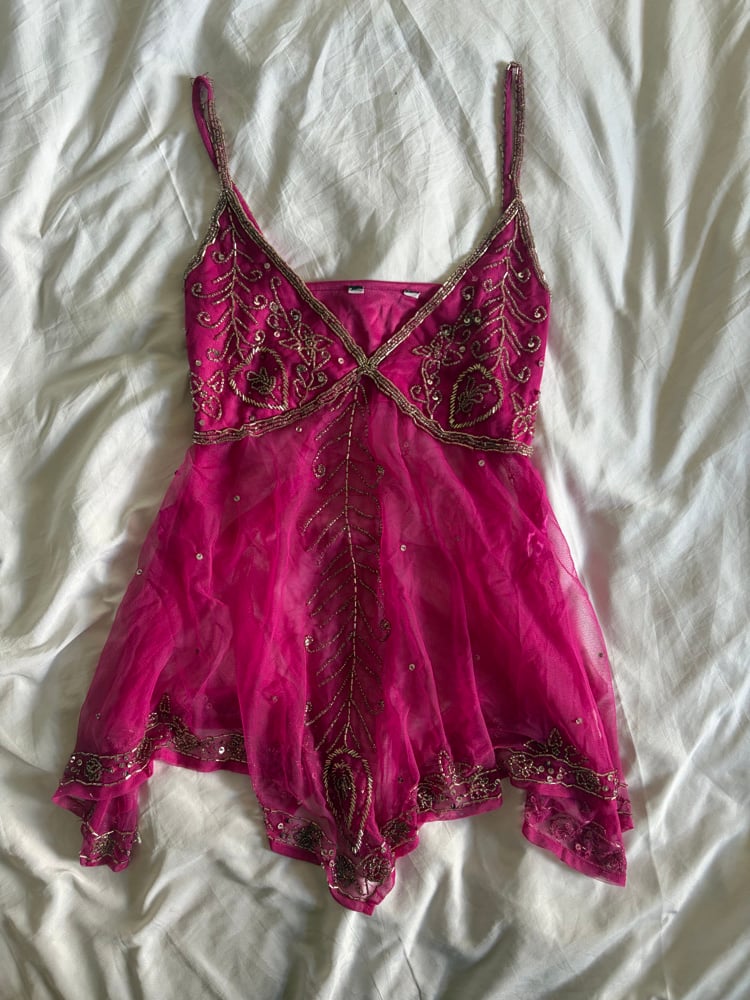 Vintage Y2K pink handkerchief hem beaded and sequin cami