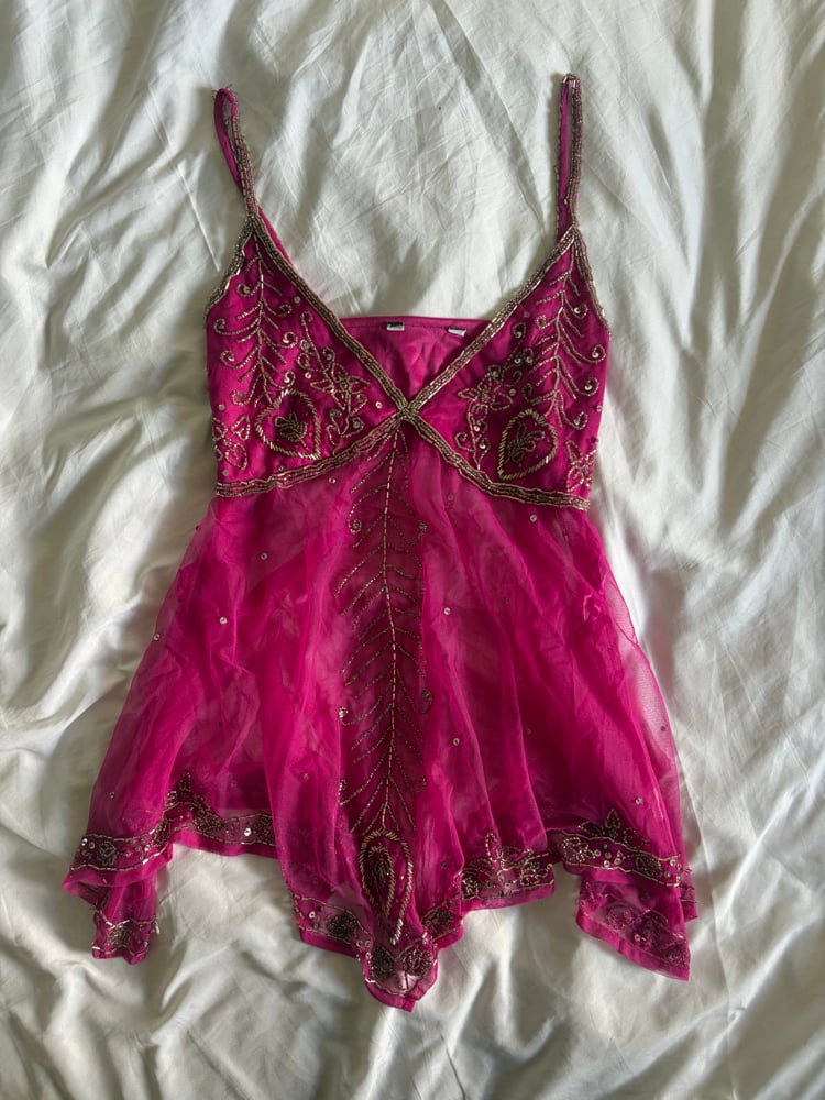Vintage Y2K pink handkerchief hem beaded and sequin cami