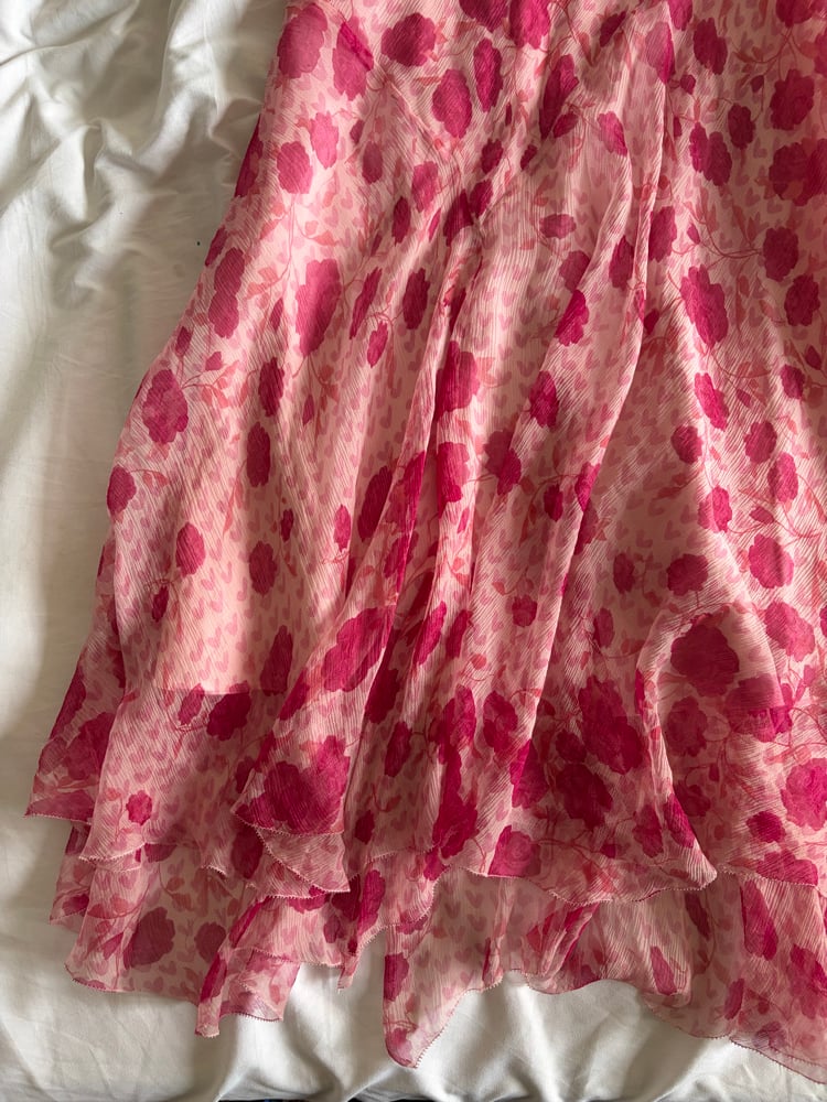 Vintage Y2K pink silk floral fairy dress with beading and floaty hem