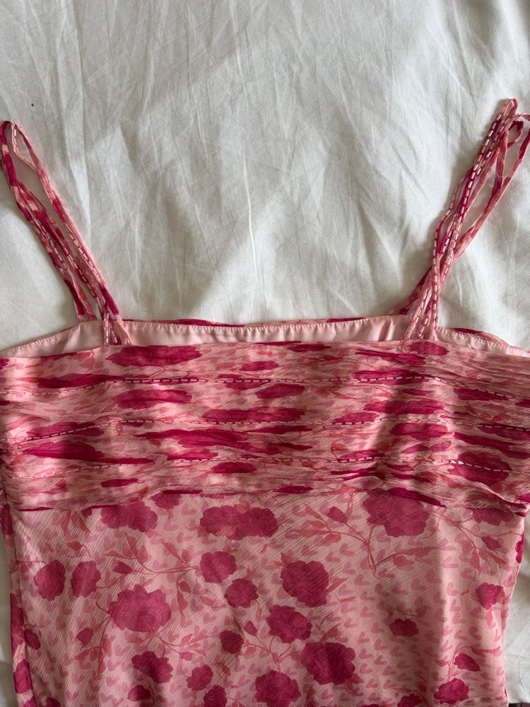 Vintage Y2K pink silk floral fairy dress with beading and floaty hem