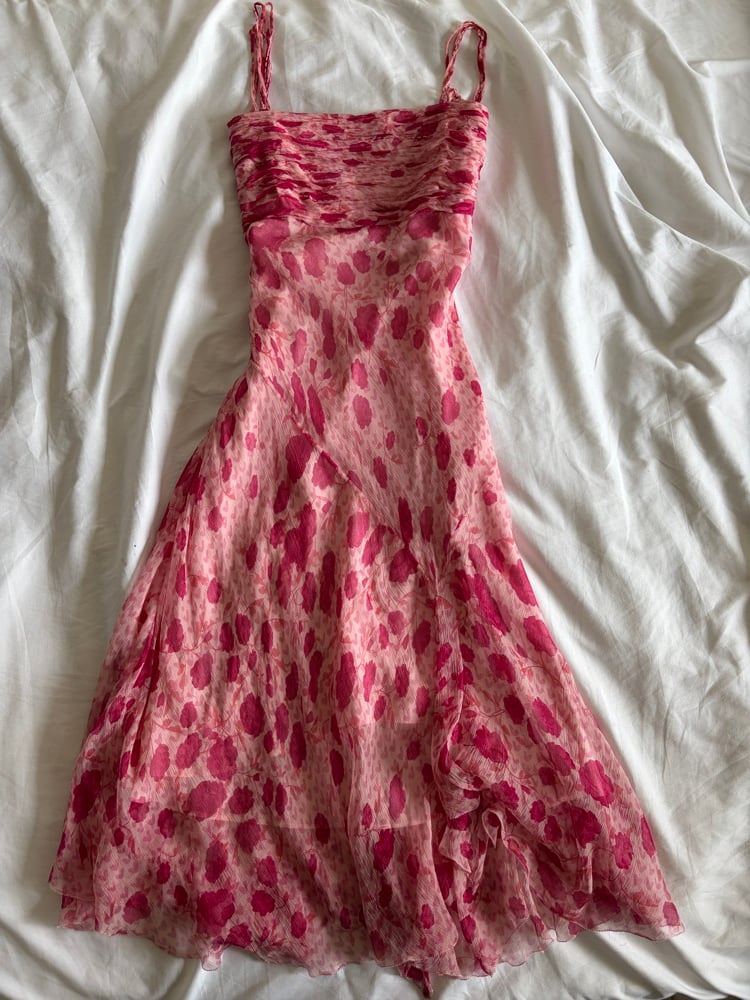 Vintage Y2K pink silk floral fairy dress with beading and floaty hem