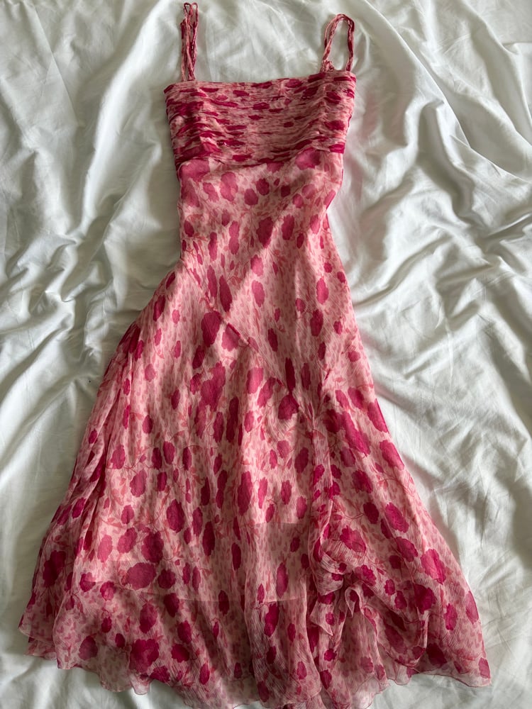 Vintage Y2K pink silk floral fairy dress with beading and floaty hem