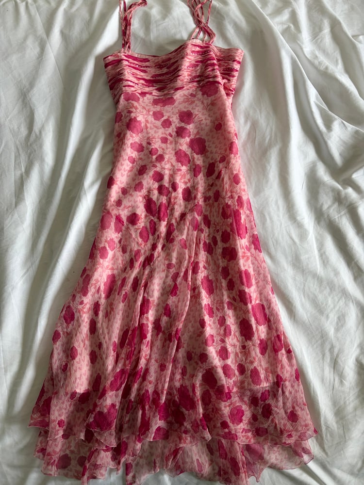 Vintage Y2K pink silk floral fairy dress with beading and floaty hem