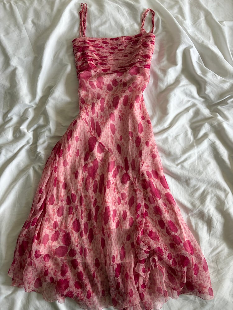 Vintage Y2K pink silk floral fairy dress with beading and floaty hem