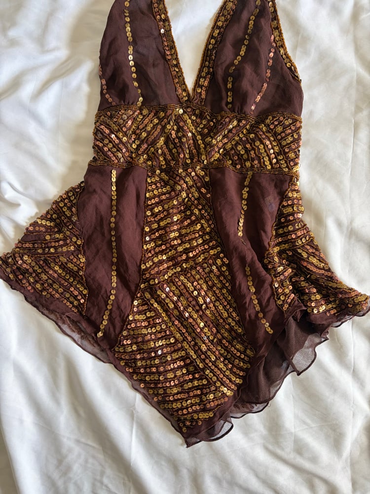 Vintage Y2K rare brown Aftershock silk open back brown handkerchief hem halterneck