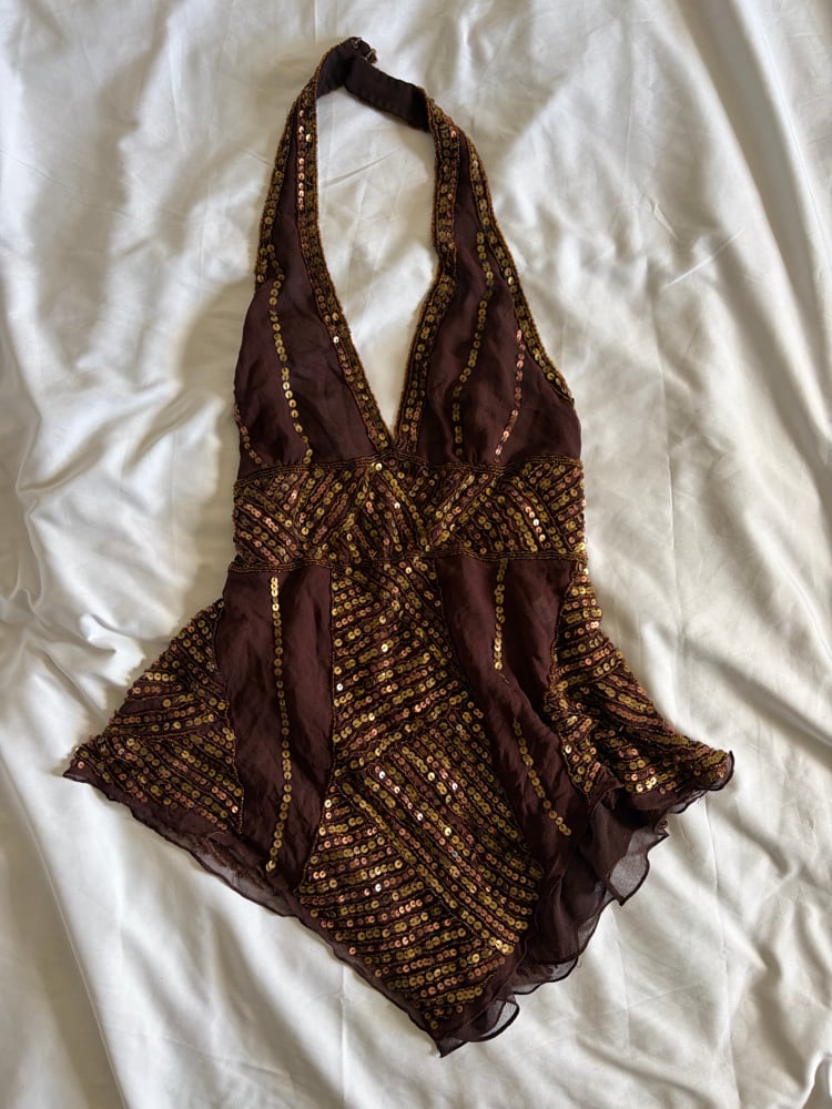 Vintage Y2K rare brown Aftershock silk open back brown handkerchief hem halterneck