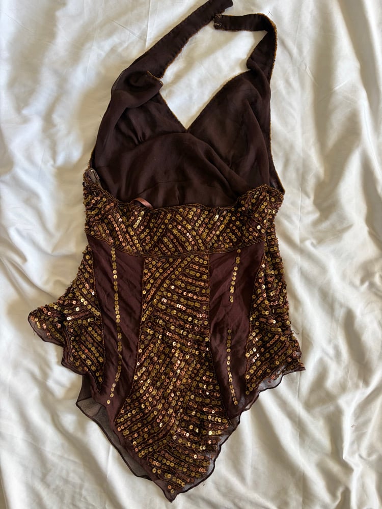 Vintage Y2K rare brown Aftershock silk open back brown handkerchief hem halterneck
