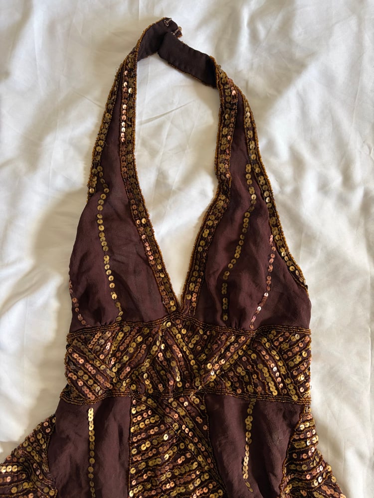Vintage Y2K rare brown Aftershock silk open back brown handkerchief hem halterneck