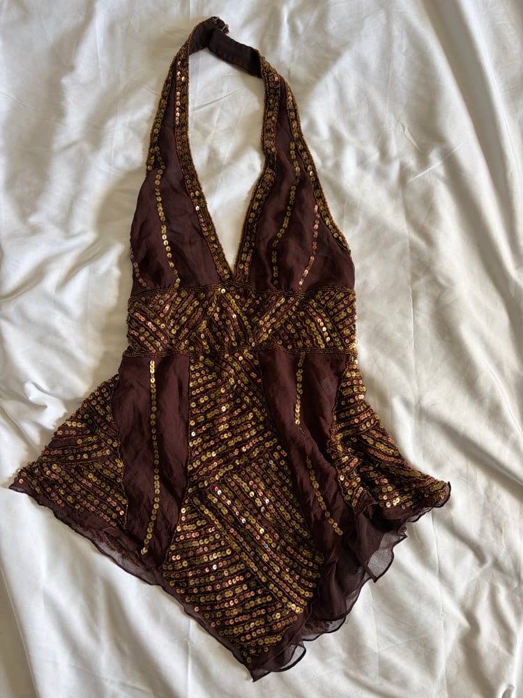 Vintage Y2K rare brown Aftershock silk open back brown handkerchief hem halterneck