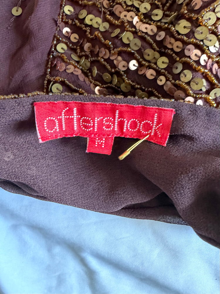 Vintage Y2K rare brown Aftershock silk open back brown handkerchief hem halterneck