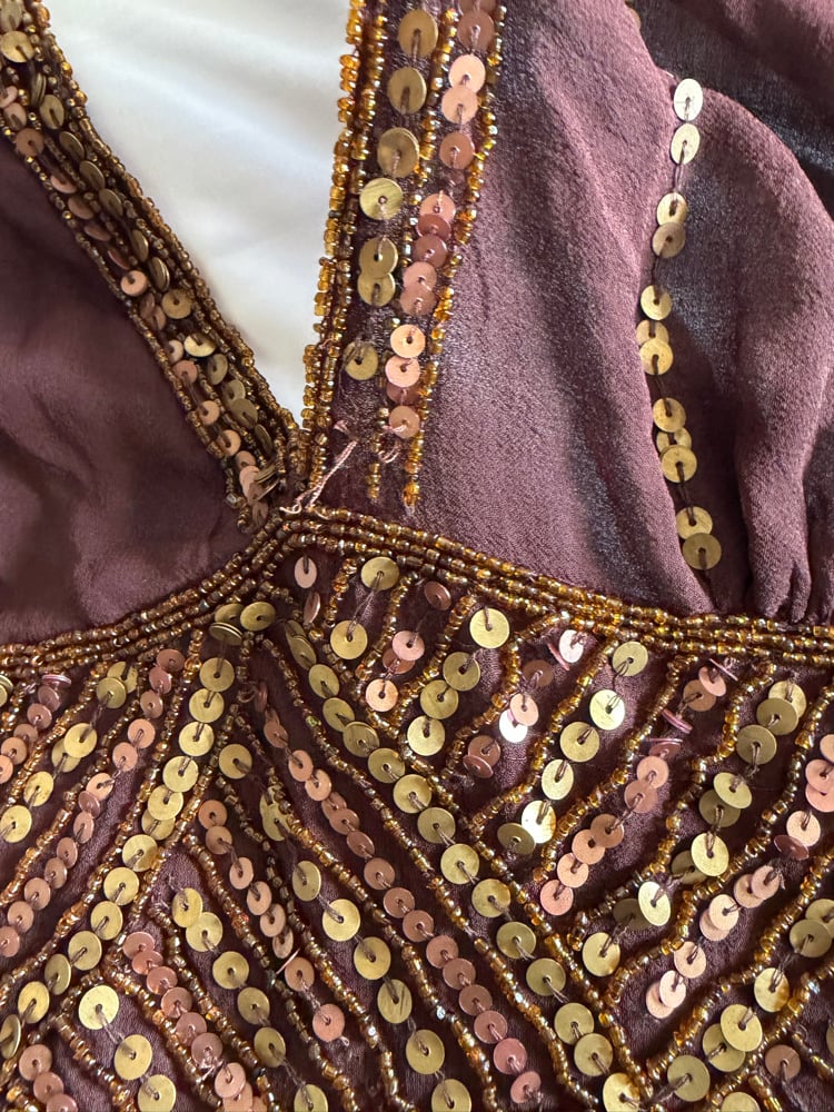 Vintage Y2K rare brown Aftershock silk open back brown handkerchief hem halterneck