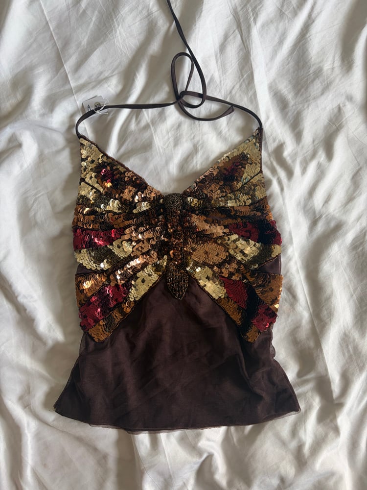 Vintage Y2K RARE brown butterfly sequin open back halter neck cami 2000s