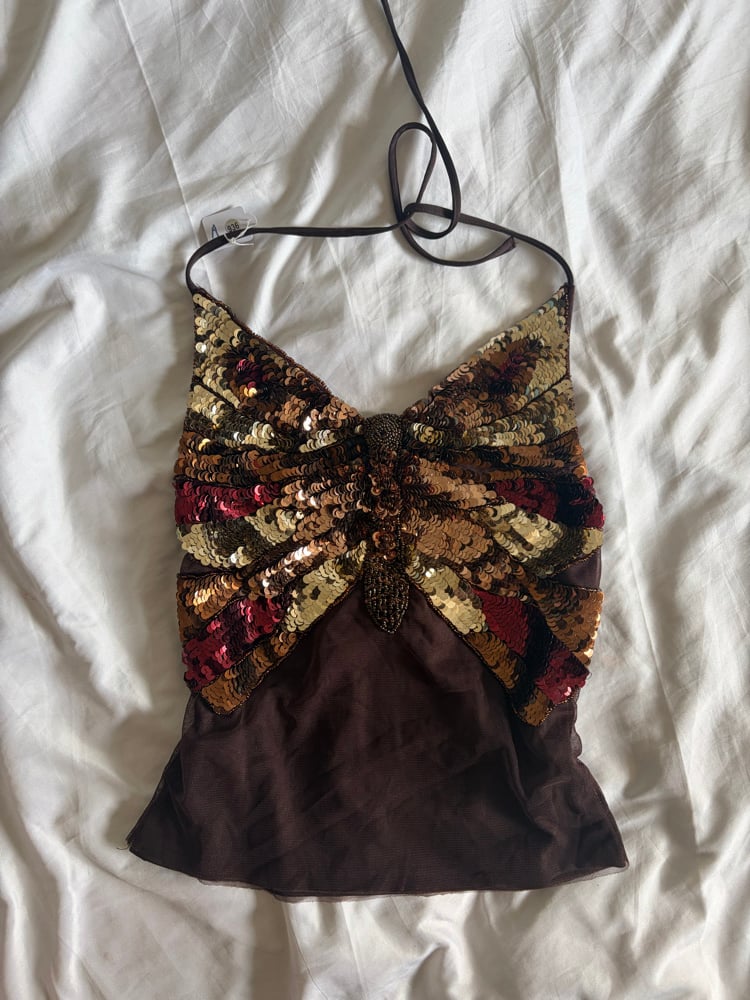 Vintage Y2K RARE brown butterfly sequin open back halter neck cami 2000s
