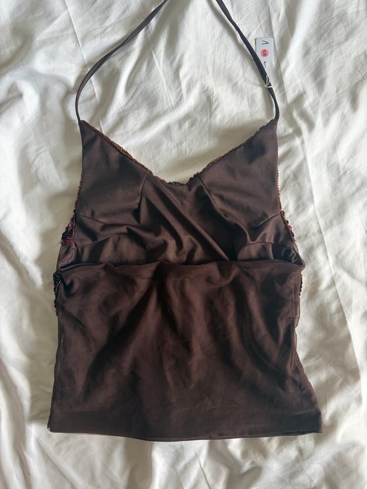 Vintage Y2K RARE brown butterfly sequin open back halter neck cami 2000s