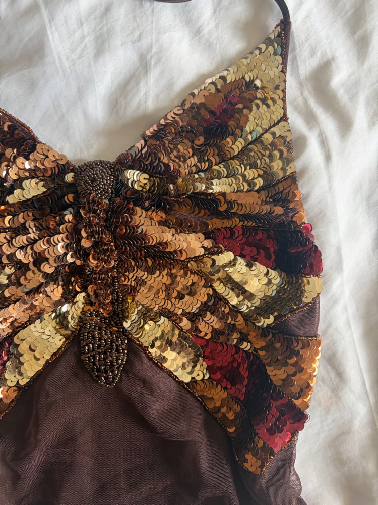 Vintage Y2K RARE brown butterfly sequin open back halter neck cami 2000s