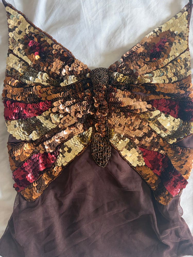 Vintage Y2K RARE brown butterfly sequin open back halter neck cami 2000s