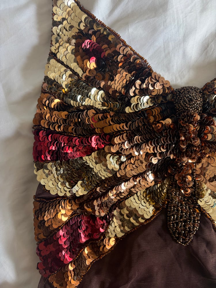 Vintage Y2K RARE brown butterfly sequin open back halter neck cami 2000s