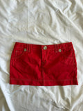 Vintage Y2K red denim belt skirt with white stitching and floral hardware