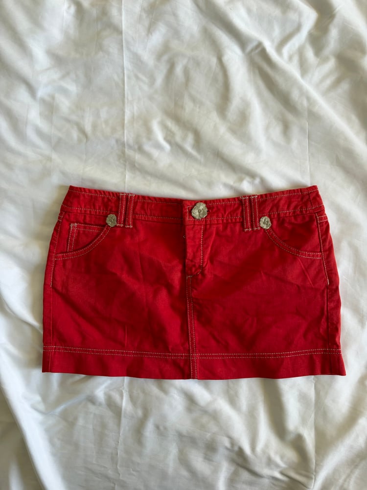 Vintage Y2K red denim belt skirt with white stitching and floral hardware