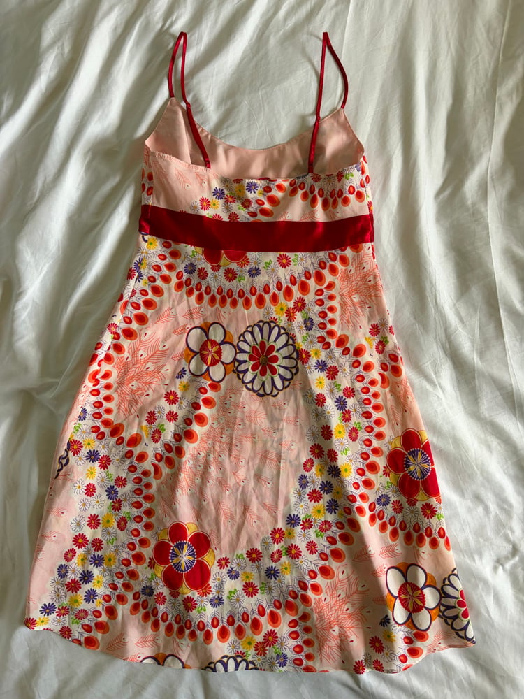 Vintage Y2K red floral mini dress with retro style print ribbon detail in underbust