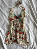 Vintage Y2K silk floral halter neck with beaded bust detail and floaty hem