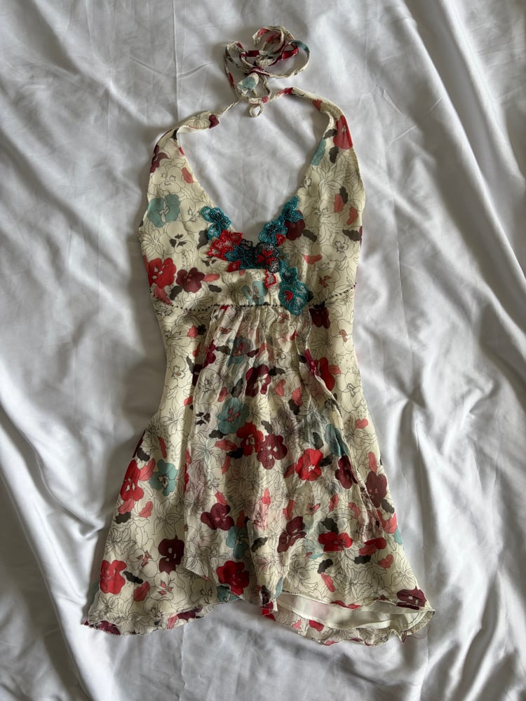 Vintage Y2K silk floral halter neck with beaded bust detail and floaty hem