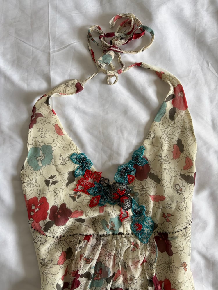 Vintage Y2K silk floral halter neck with beaded bust detail and floaty hem