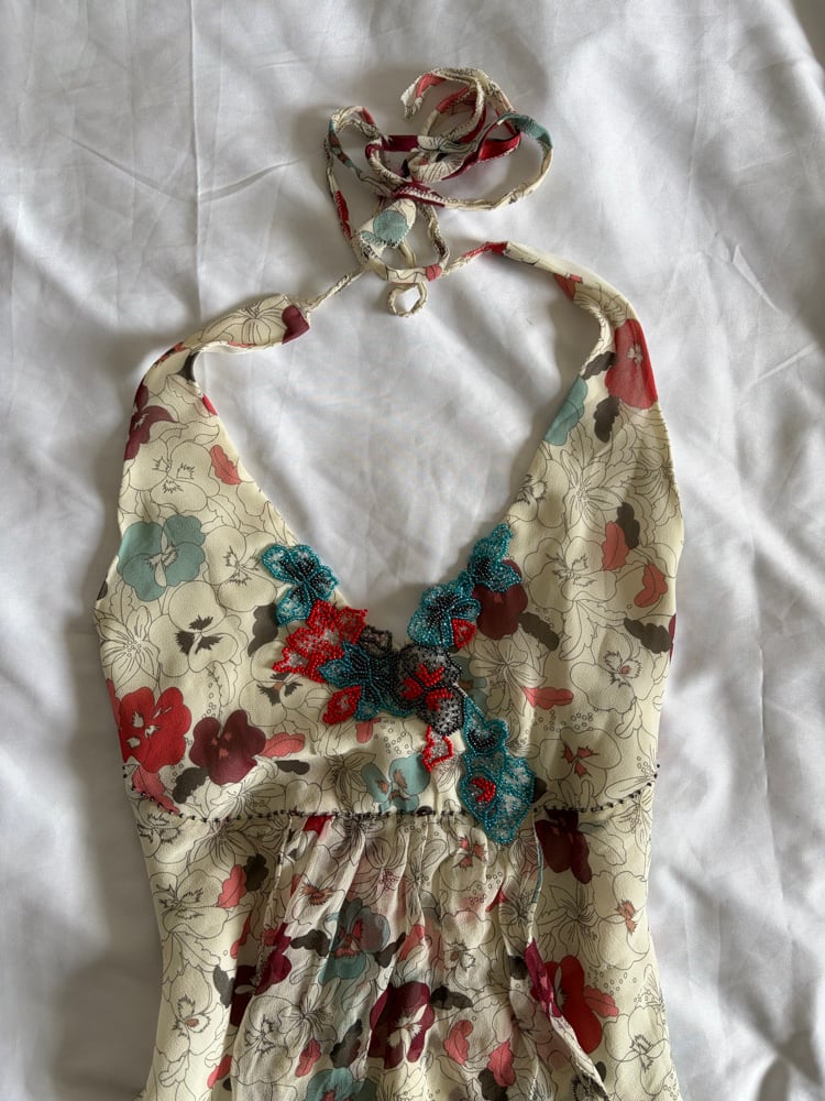 Vintage Y2K silk floral halter neck with beaded bust detail and floaty hem