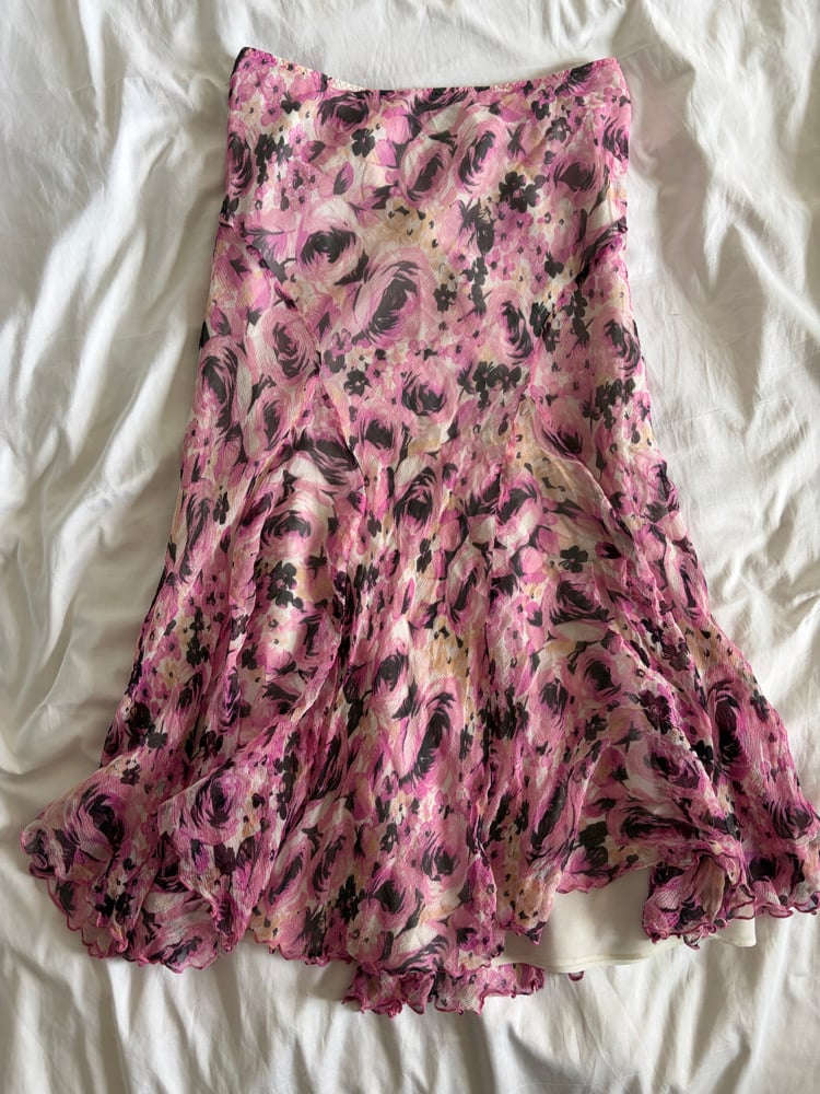 Vintage Y2K silk pink rose floral mermaid skirt midi skirt