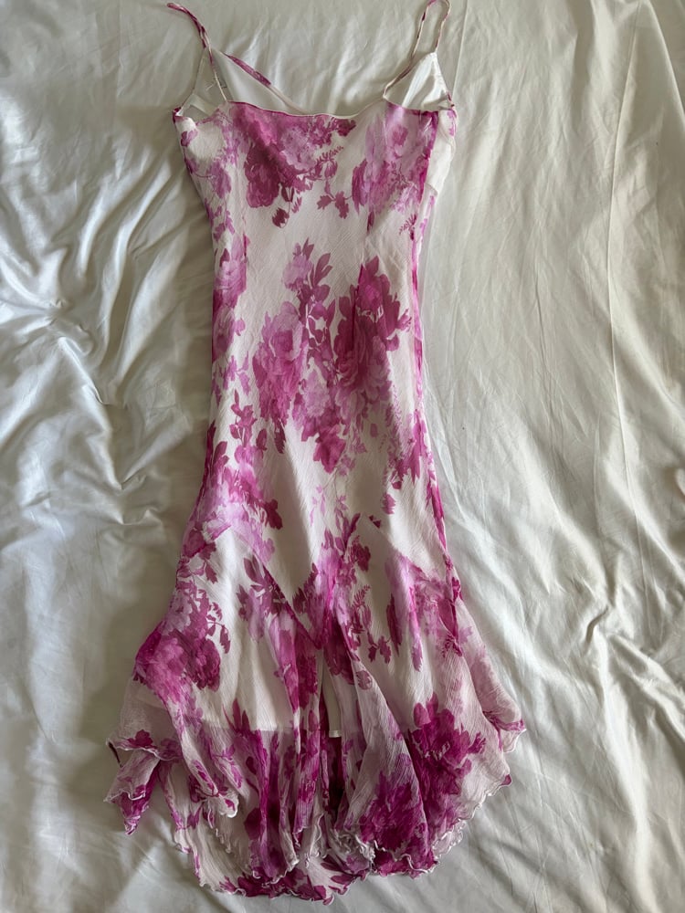Vintage Y2K silk white and pink floral fairy dress with floaty hem