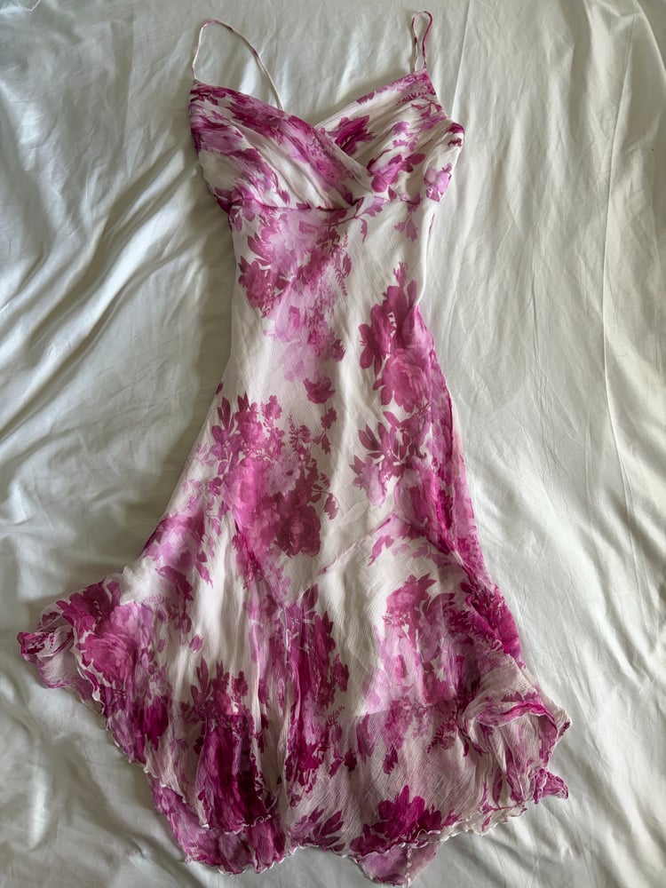 Vintage Y2K silk white and pink floral fairy dress with floaty hem