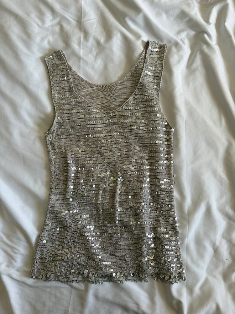 Vintage Y2K silver crochet sequin vest top