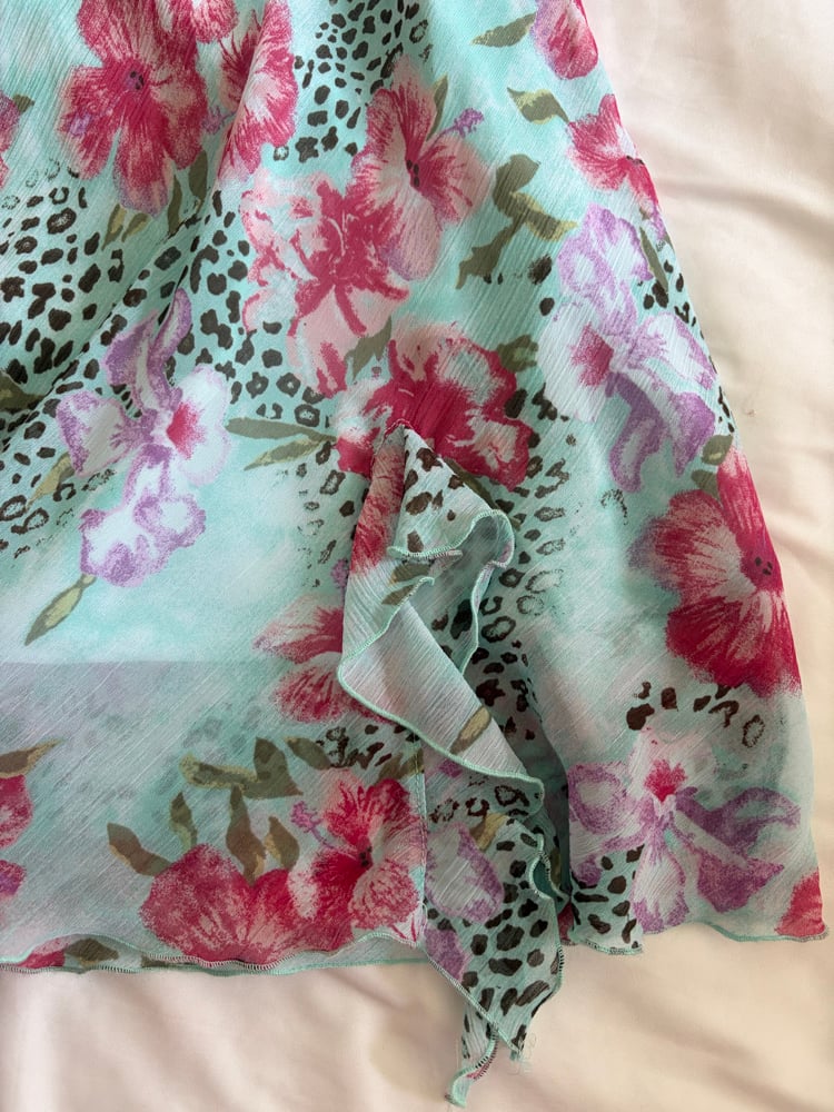 Vintage Y2K  turquoise blue floral and leopard print floaty midi skirt 