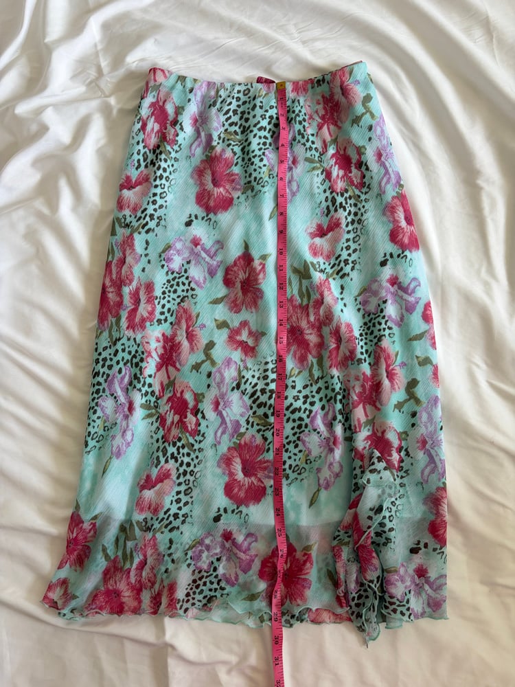 Vintage Y2K  turquoise blue floral and leopard print floaty midi skirt 